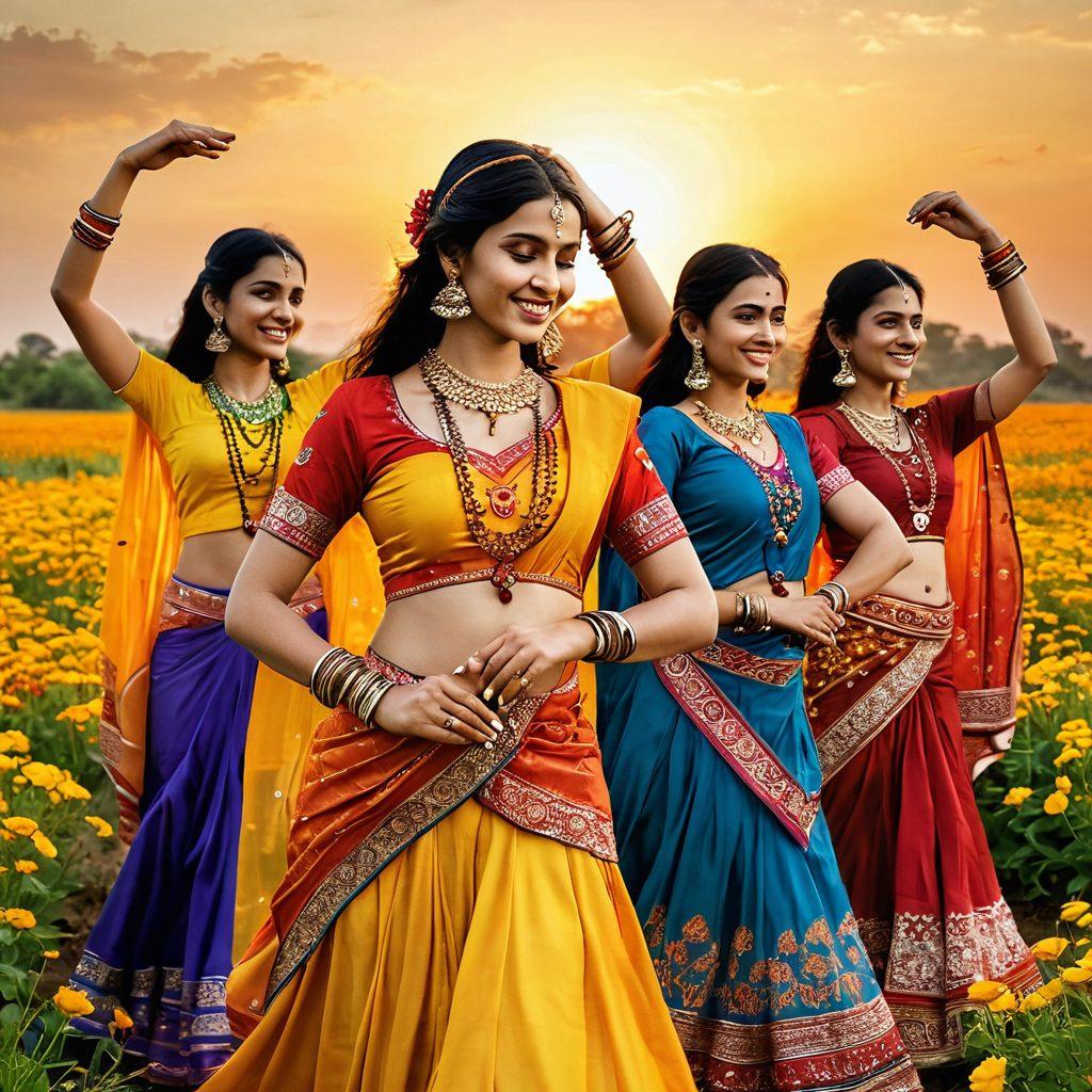 An enchanting scene of Indian women adorned in colorful, traditional attire, dancing joyfully in a field of vibrant flowers. The background showcases a golden sunset casting warm hues over the landscape, symbolizing celebration and femininity. Elements of Indian culture, such as henna patterns, bangles, and intricate jewelry, are incorporated to enhance the festive atmosphere. The women are portrayed with radiant smiles, epitomizing strength and grace. vibrant colors. super-realistic.