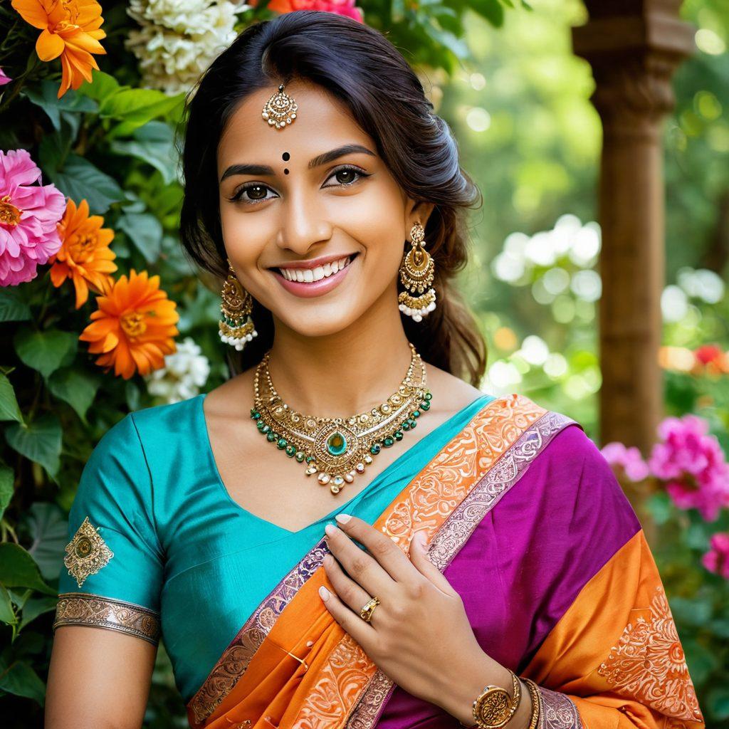 A radiant Indian woman dressed in a colorful saree, surrounded by blooming flowers, showcasing her captivating smile and graceful demeanor. Include traditional jewelry, intricate henna designs on her hands, and a serene backdrop of lush greenery or a vibrant festival setting. The atmosphere should exude warmth, joy, and beauty. super-realistic. vibrant colors. natural lighting.