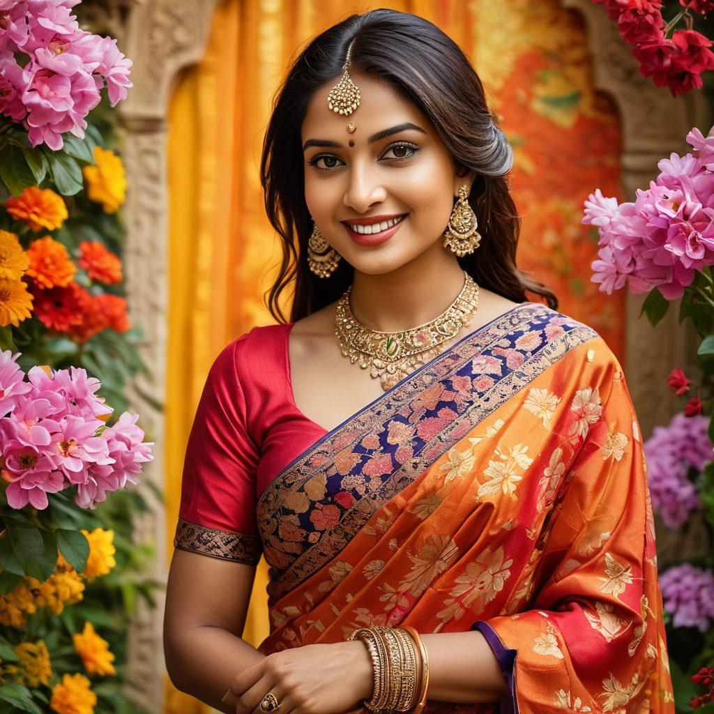A radiant Indian woman adorned in a colorful traditional saree, surrounded by blooming flowers and intricate patterns representing culture and joy. Her joyful expression captures the essence of happiness and elegance, with soft sunlight creating a warm and inviting atmosphere. Elements of traditional jewelry and stylish accessories highlight the beauty of Indian femininity. A mix of modern and classic styles emphasizes the theme of redefining beauty. super-realistic. vibrant colors. floral background.